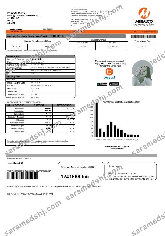 Philippines Meralco electricity business utility bill template in Word and PDF formats, version 2